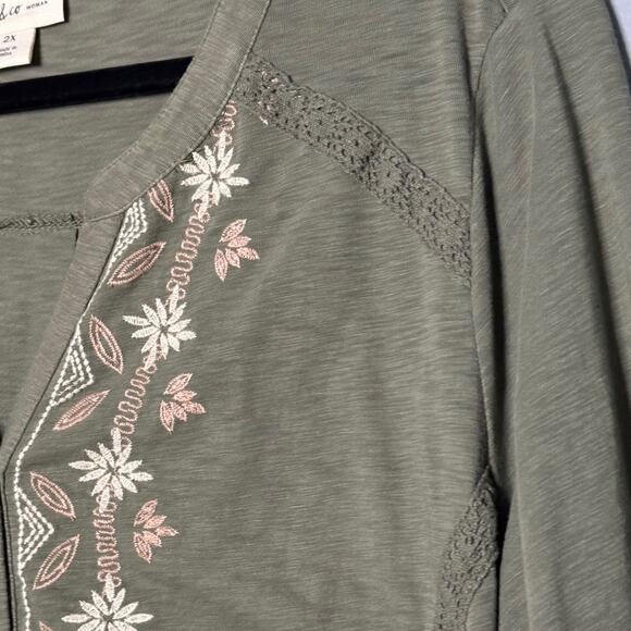 Style & Co 2X Long Sleeve Blouse Top Crochet Embroidered Floral Olive Green Boho - Picture 5 of 7
